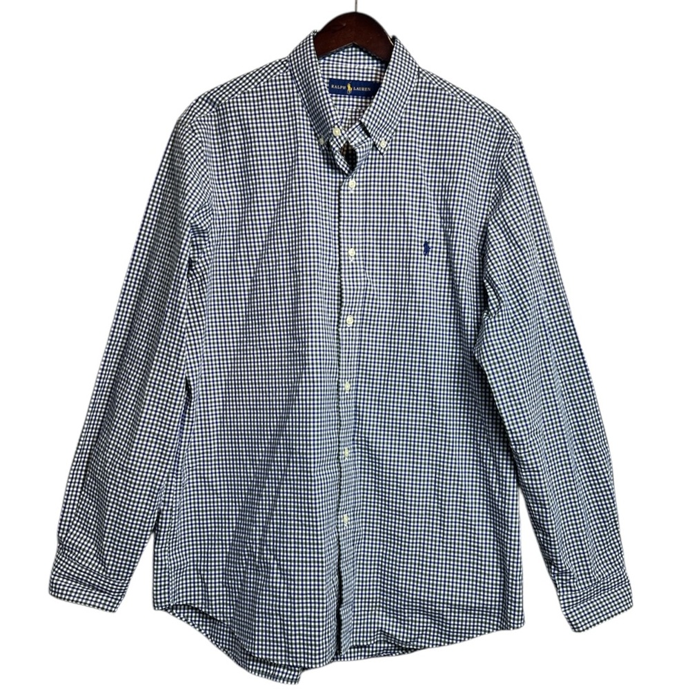 Ralph Lauren Men’s Green & Blue Gingham Classic Long Sleeve Cotton Polo Size XL